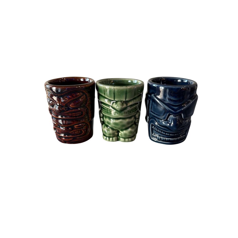Vintage Set of 3 Ceramic Tiki Shot Glasses Brown Green Blue Barware 3”